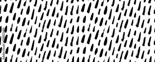 Rain motif seamless banner with diagonal brush strokes. Hand drawn short thick lines. Seamless texture with dashed strokes. Hand drawn regular doodle simple lines. Black paint smears background.