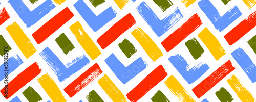 Seamless abstract geometric pattern with squares. Color rhombuses with separate brush strokes. Brush drawn rectangles with bold rough lines. Geometric colorful modern grunge texture. Futuristic banner