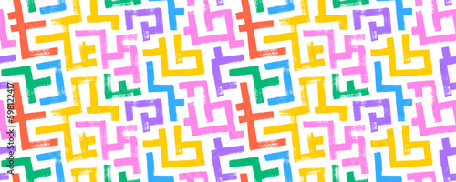 Geometric maze colorful seamless pattern. Brush drawn rainbow colours scribbles. Abstract maze geometric vector background. Irregular labyrinth pattern in bright colors. Hand drawn intricate banner.