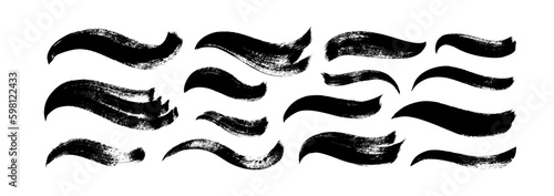 Collection black paint wavy bold brush strokes. Vector calligraphy smears, hand drawn curved thick lines and banners. Modern grunge wavy brushstrokes. Textured shapes isolated on white.