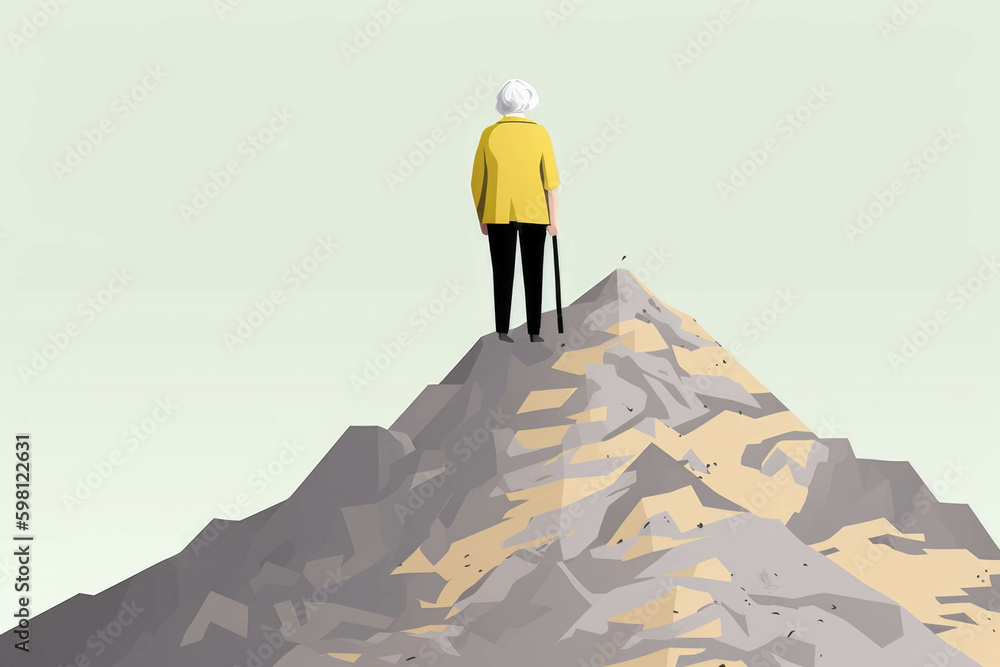 An elderly woman stands atop a mountain of debt her back to the viewer as she contemplates the financial hardships of retirement.. AI generation. Generative AI