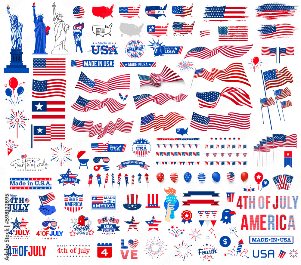 A big set of America and 4th of July and memorial day elements. USA flag, the Statue of Liberty fireworks, balloons, and many more illustrations in one big bundle. Vector design. - obrazy, fototapety, plakaty 