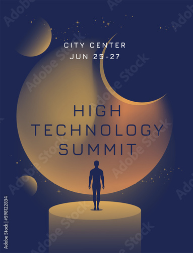 high technology or scientific conference poster, flyer design. A small person stands next to a huge sphere of light. Space and planets. Abstract vector illustration