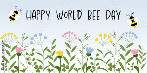Happy World Bee Day - Schriftzu in englischer Sprache - Schönen Weltbienentag. Ein Tag für den Artenschutz von Bienen. Grußbanner mit pastellfarbener Blumenwiese.