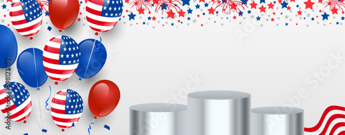 United States of America independence day empty copy space banner background with usa balloon, stars and cylinder podium. Vector illustration. 