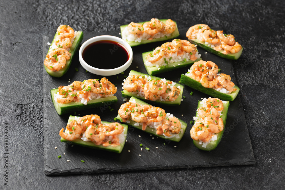 Cucumber Shrimp Sushi Boats with Spicy Mayo, Rice, Chives and sesame seeds Cucumber Shrimp Sushi Boats with Spicy Mayo, Rice, Chives and sesame seeds