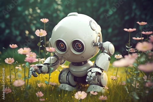 Cute friendly robot surrounded by flowers. Robotics and ecology. Environmental preservation. Generative ai. High quality photo Generative AI