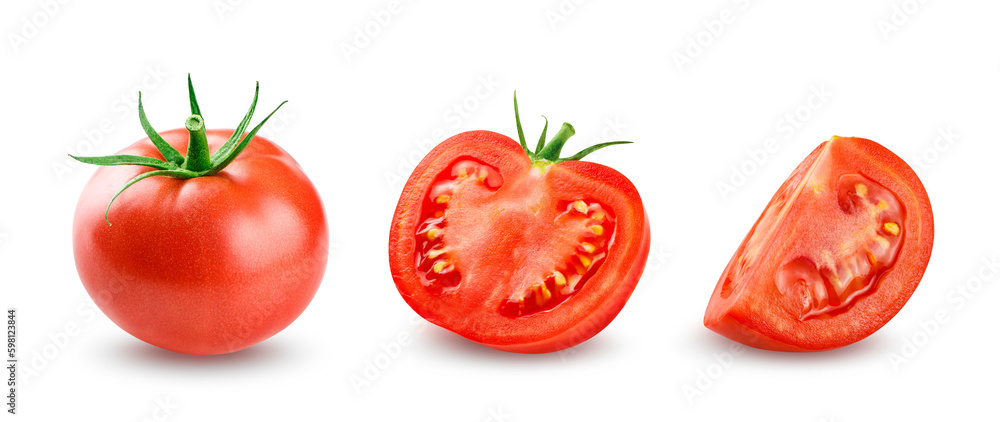 Red Tomato with half and slice isolated on transparent background - obrazy, fototapety, plakaty 