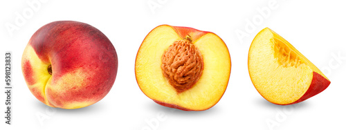 Composition of peach fruit with half and slice. Isolated on transparent background