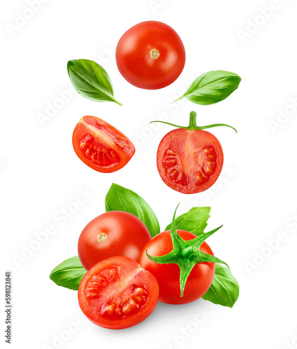 Cherry tomatoes with basil leaves isolated on transparent background