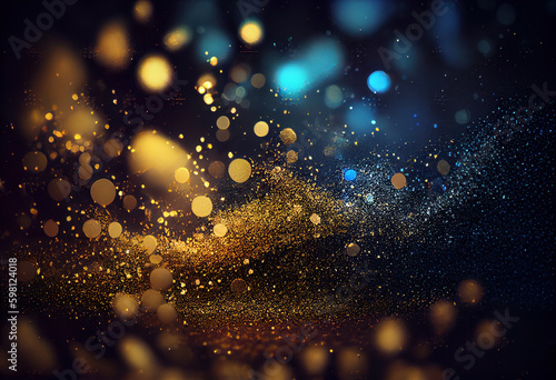 Glowing defocused lights in blue and gold on black background. Shimmering abstract for festive or celebration themes. AI Generative. Generative AI