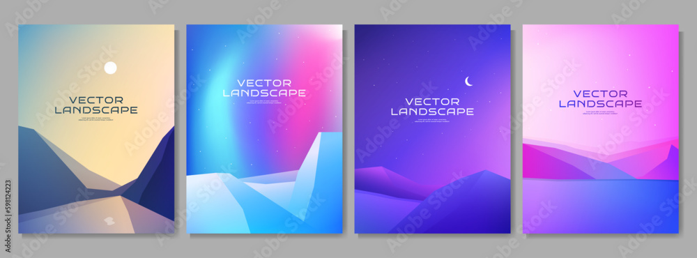 Vector illustration. Flat landscape collection. Hills by water, Northern lights, evening scene, lake by mountains. Design background for poster, magazine, cover, banner, layout, brochure, gift card