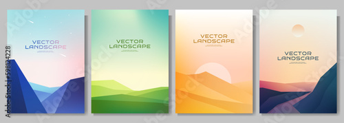 Vector illustration. Flat landscape collection. Calm day scene, green meadow, desert hills, road by mountains. Design background for poster, magazine, book cover, banner, invitation, brochure, layout