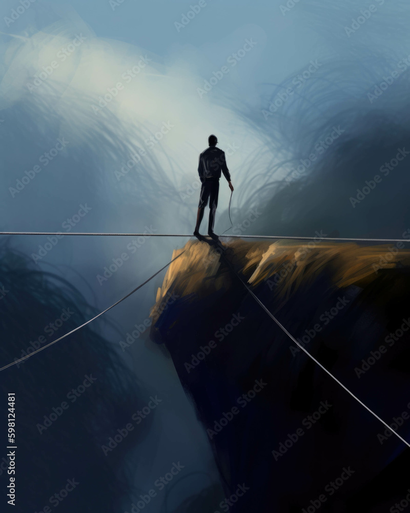 A person walking on a tightrope symbolizing the difficulty of navigating through somebody elses fear. Psychology emotions concept. AI generation. Generative AI