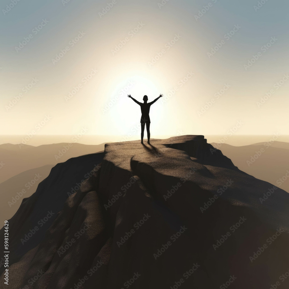 No fear of failure an image of a person standing at the edge of a cliff throwing their arms wide with a Psychology emotions concept. AI generation. Generative AI