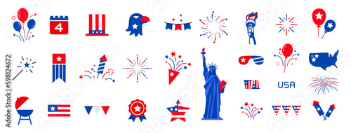 Pack of modern American icon set, USA flag, the Statue of liberty, firework, us map, and many more. Vector illustration.