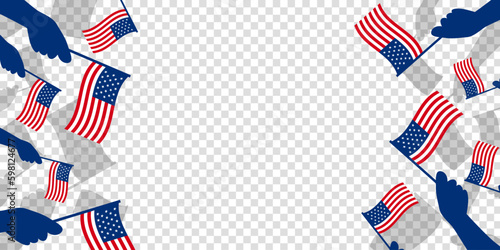 4th of July American independence day transparent background template with a diverse group of patriots hand waving small American Flag. 