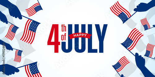 4th of July American independence day background template with diverse group of patriots hand waving small American Flag.