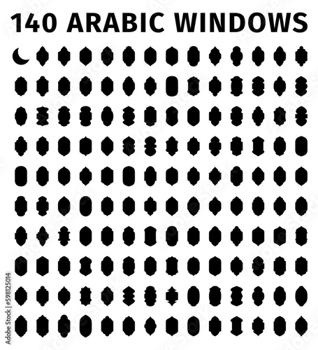 140 arabic windows. Traditional ornamental arabic windows. Architectural design elements for muslim holidays. Window arches illustration.