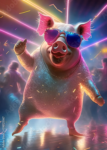 Ein Schwein auf der Tanzfläche in der Disco, Generative AI
