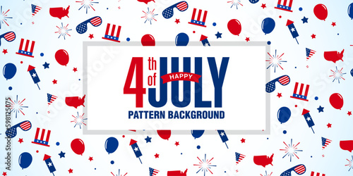 Seamless background with usa element, hat, goggles, firework, balloon, and more, Vector illustration.