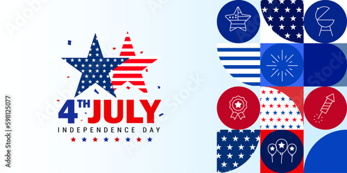 4th of july independence day banner background with us related icon and stars. Vector illustration.