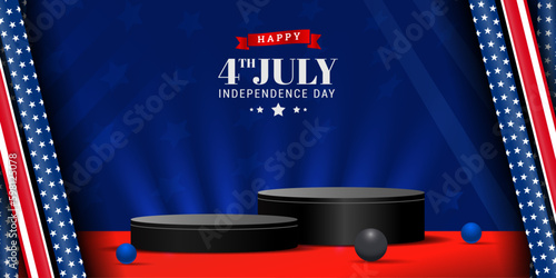 Modern and trendy banner background of 4th of July American independence day celebration, with cylindrical product display and usa star and stripe ribbon. Vector illustration. 