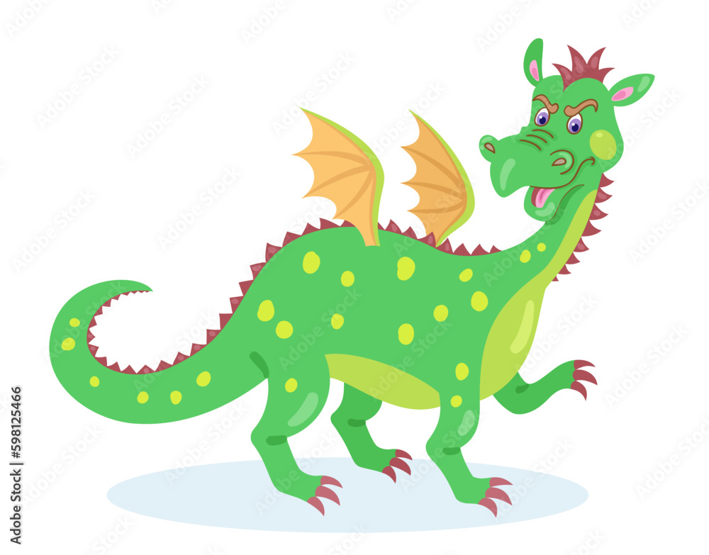 Obraz premium Funny cute fairytale dragon. In cartoon style. Isolated on white background. Vector flat illustration.