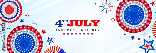 4th of July, USA Independence Day vector banner template. sky blue background with paper stars, paper fan in USA flag colors. Material design for greeting cards, flyer layout, and posters.