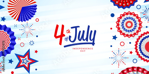 4th of July, USA Independence Day vector banner template. sky blue background with paper stars, paper fan in USA flag colors. Material design for greeting cards, flyer layout, and posters.