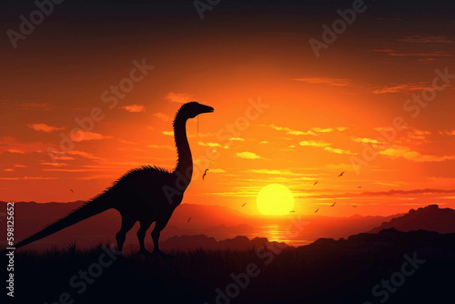 A Gigantoraptor drifts on a distant horizon outlined by a setting sun.. AI generation. Generative AI