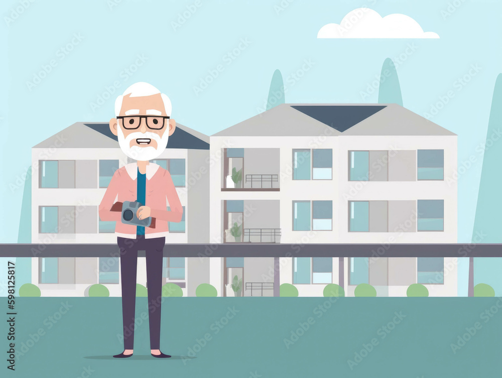 A small business owner standing in front of a newly built affordable housing complex smiling with pride.. AI generation. Generative AI A small business owner standing in front of a newly built affordable housing complex smiling with pride.. AI generation. Generative AI