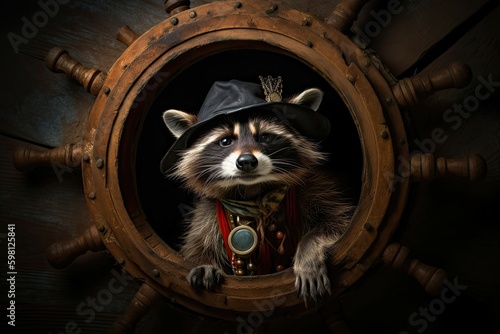 Playful raccoon in a pirate outfit emerges from a portal, ready to search for treasure. Generative AI