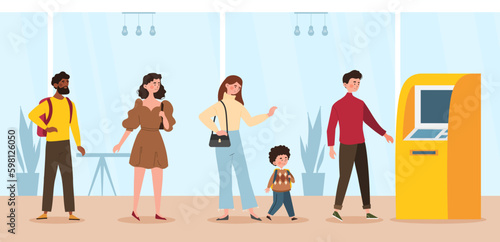 Queue at atm machine. Men and women with children stand near terminal for banking transactions. Transactions and transfers, payments. Machine for withdrawal. Cartoon flat vector illustration