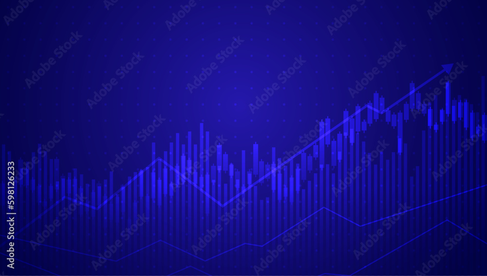 Business candle stick graph chart of stock market investment trading on blue background. Bullish point, up the trend of graph. Economy vector design.