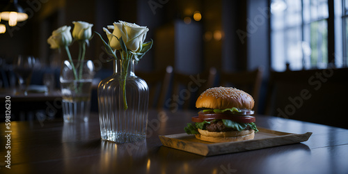 Um hambúrguer fica em uma tábua de corte de madeira ao lado de um vaso de rosas brancas. Gerada por IA photo