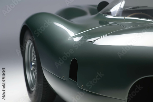 A forest green production racer closeup of its curved wheel arches and etched bumper. Speed drive concept. AI generation. Generative AI