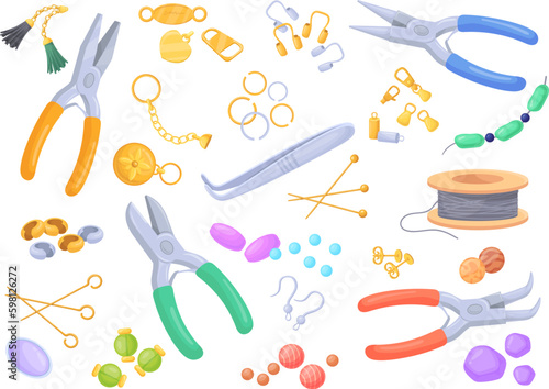 Jewelry making tools. Fashion industries arts craft workshop equipment for handmade jewellery, earrings ring tag clasp beads wire crimp hand tool pliers, neat vector illustration