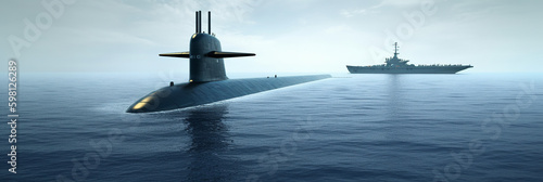 A military submarine on the open sea, in the background an aircraft carrier, Generative AI
