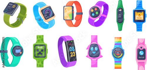 Cartoon smartwatch. Kids smart watch, sport wristwatch fitness trackers, digital clock devices on silicon band child hand wearable for running heart pulse, neat vector illustration