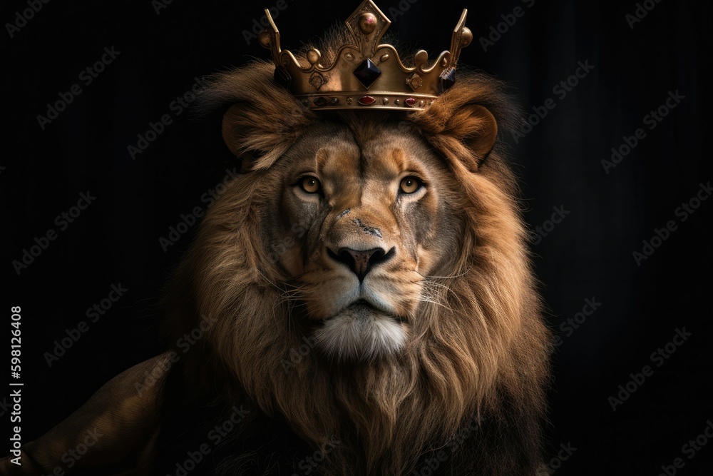 Fototapeta premium Regal lion poses majestically in a king's robe and crown. Generative AI