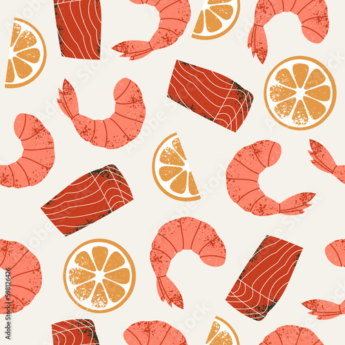 Abstract seafood seamless pattern. Shrimp with salmon and lemon slices. Vintage textured style prawn. Vector illustration
