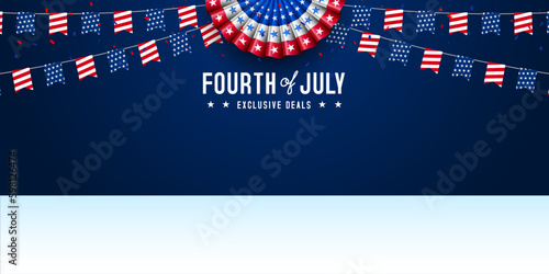 United states of america 4th of july independence day blank, copy space, product display with paper fan, and bunting template background. Vector illustration.