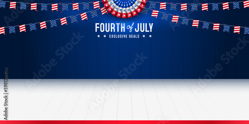 United States of America 4th of july independence day blank, copy space, product display with paper fan, bunting, and white wooden floor template background. Vector illustration.