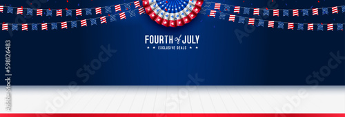 United states of america 4th of july independence day blank, copy space, product display with paper fan, bunting and white wooden floor template background. Vector illustration.