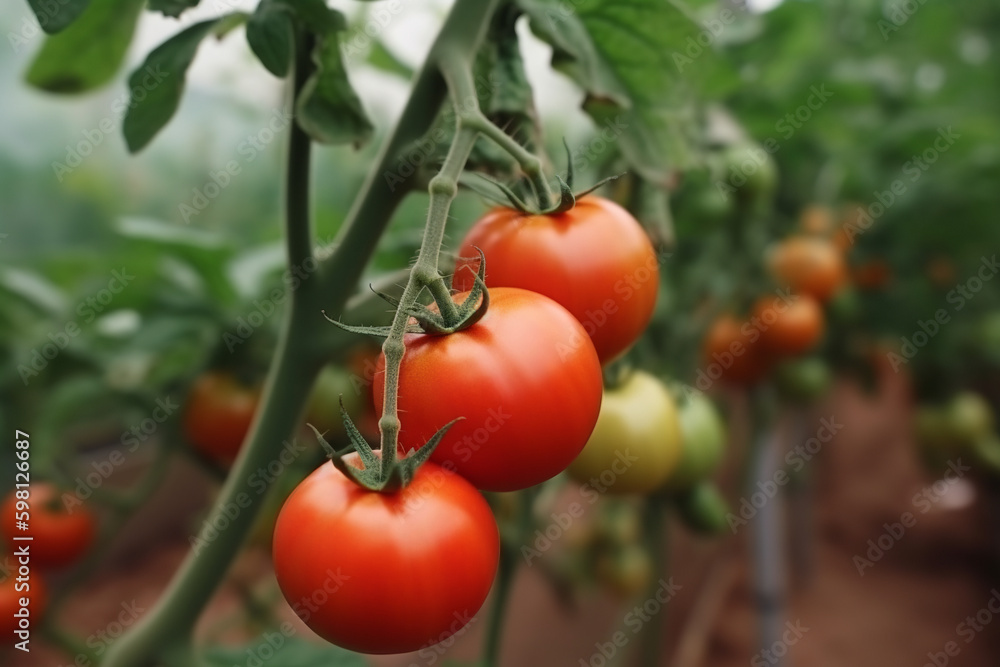 Ripe juicy tomatoes in a greenhouse, Generative AI