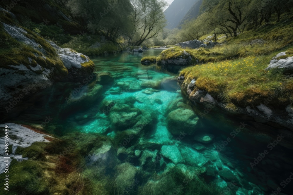 River flowed through the valley, its waters crystal clear and teeming with magical creatures. Generative AI