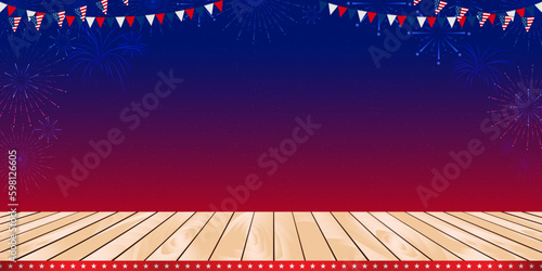 United States of America 4th of July independence day blank, copy space, product display, stage with bunting, and wooden floor template background. Vector illustration.