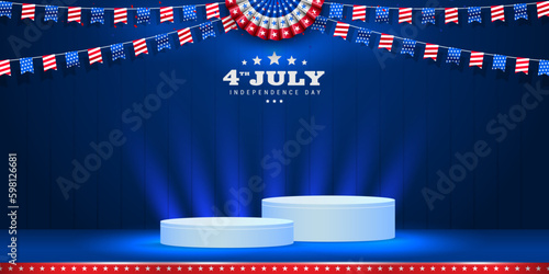 United States of America, 4th of July independence day sale with paper fan, bunting, and with Blank, empty, copy space with cylindrical shape for the products display.