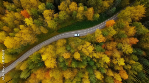 Drone view autumn forest road. Illustration AI Generative. © yganko